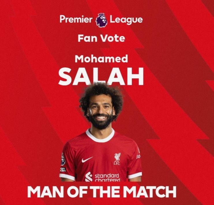 英超官方：萨拉赫当选利物浦vs热刺全场最佳球员
